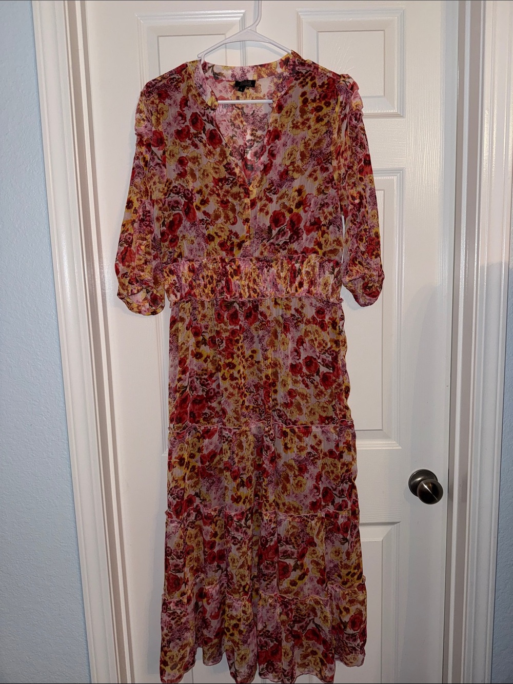Sheer Floral Tiered Maxi Dress in Red Multi